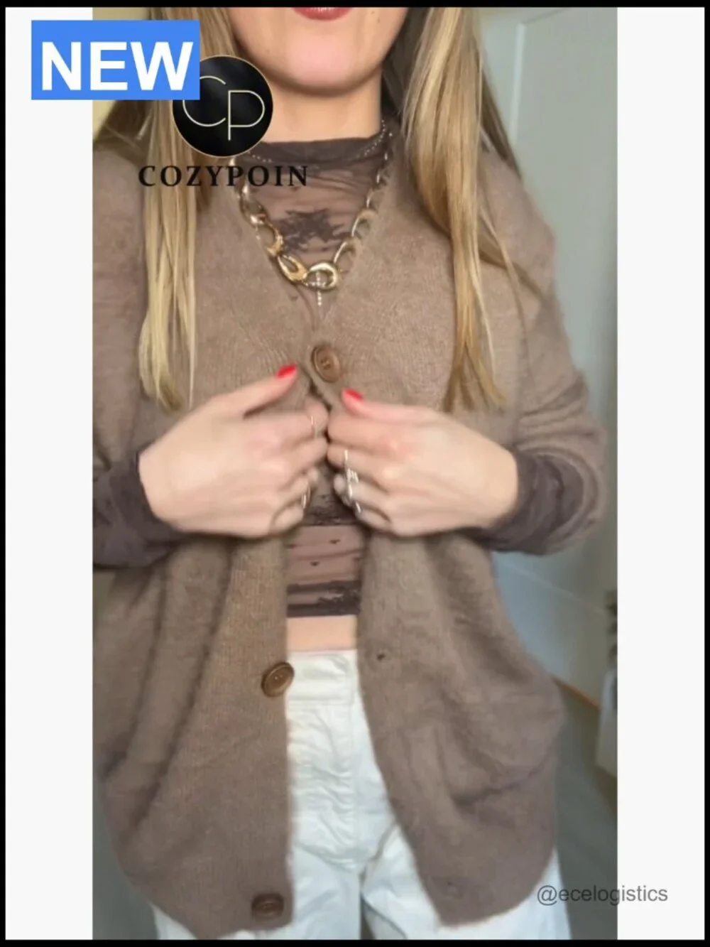 Fuzzy V-Neck Cardigan Sweater Long Sleeve Button Down Drop Shoulder